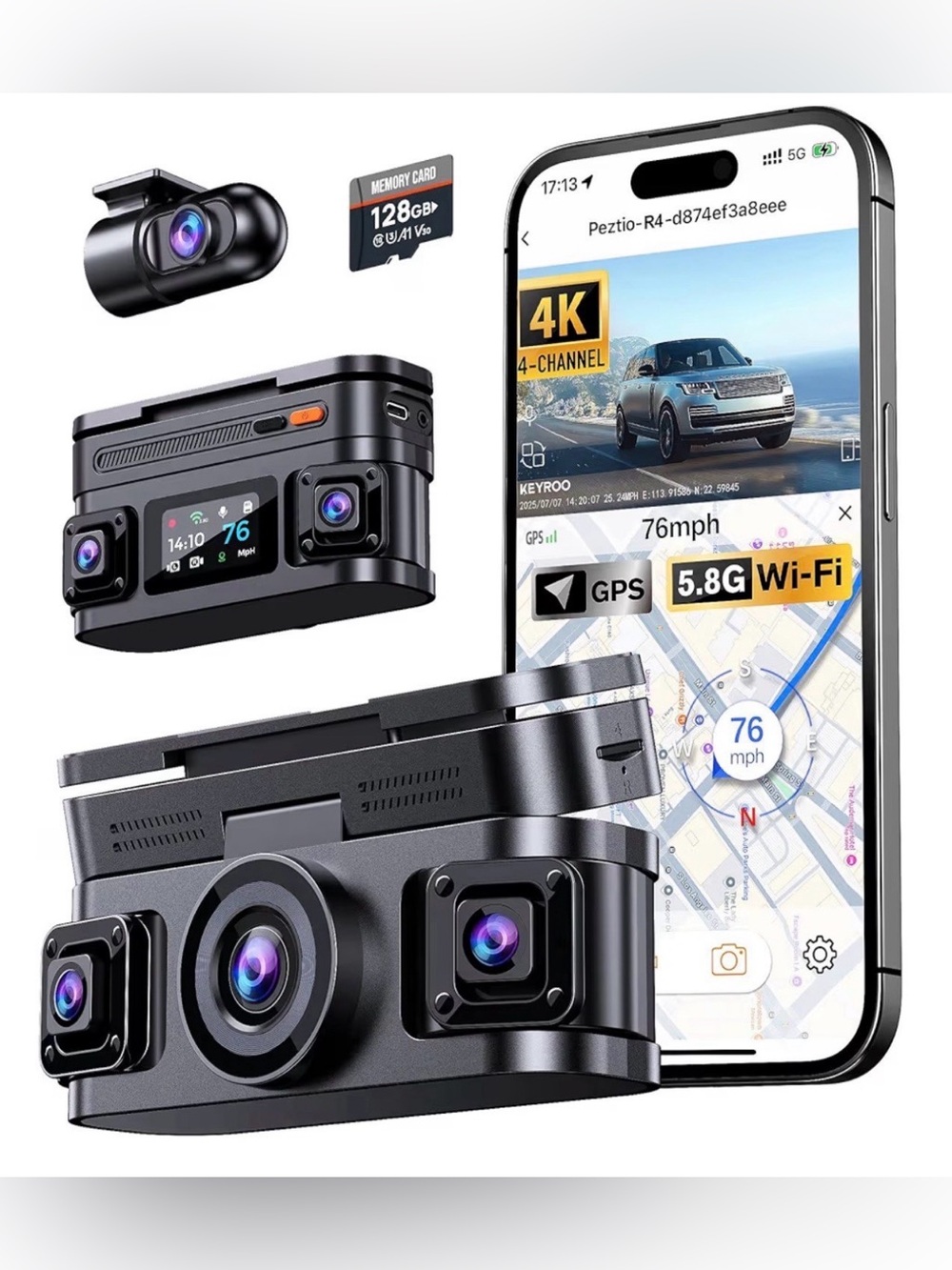 360° View 4K 4 Channel Dash Cam Front and Rear Inside Left Right